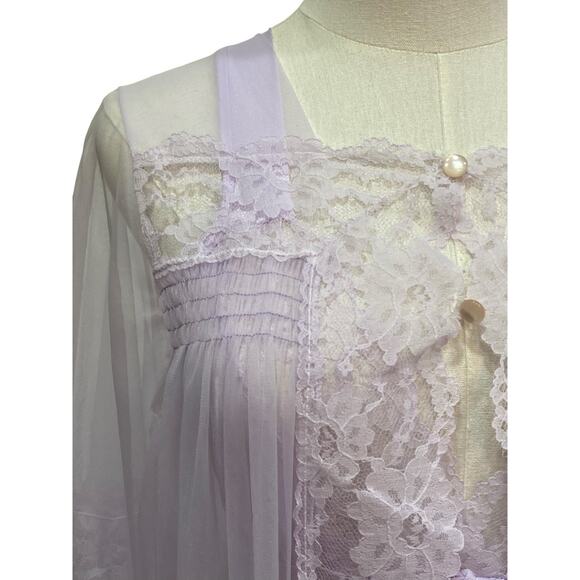 Vintage 70s Lavender Nylon Chiffon Lacy Nightgown & Robe Peignoir Set size L - Picture 4 of 9